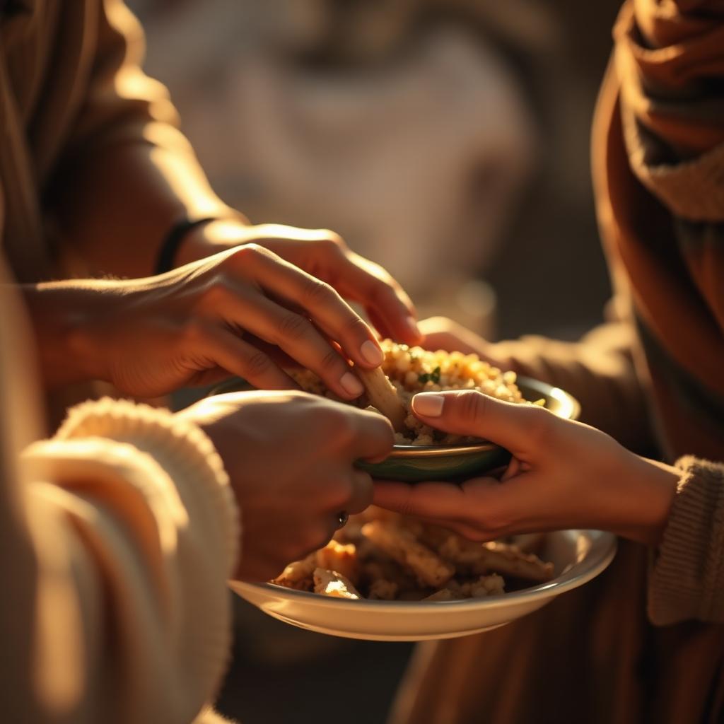 Hands sharing a warm meal together in gentle golden light