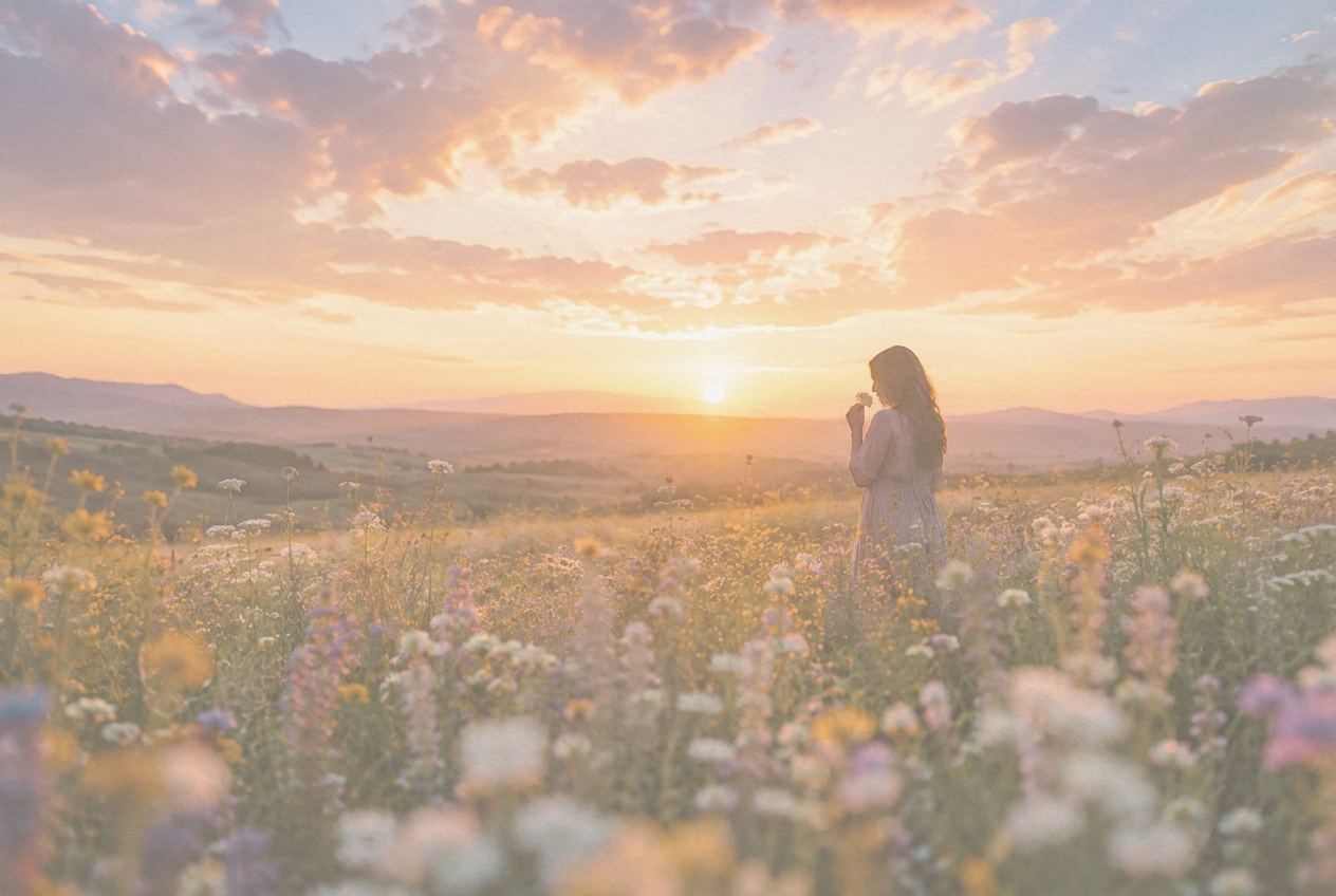 A woman standing in a wildflower field at sunset, gazing toward the light